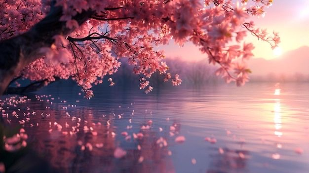 Cerisiers en fleurs au bord de l'eau