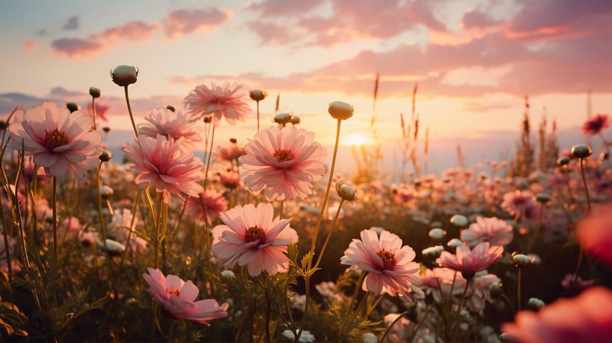 Champ de cosmos roses au coucher de soleil